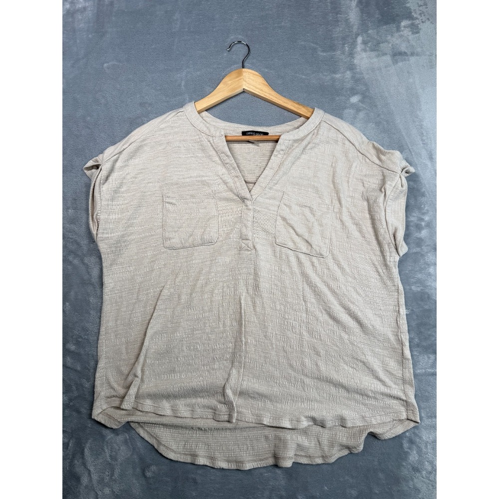 Cable & Gauge Blouse Top Womens Large Beige Stretch Textured Cap Sleeve V Neck